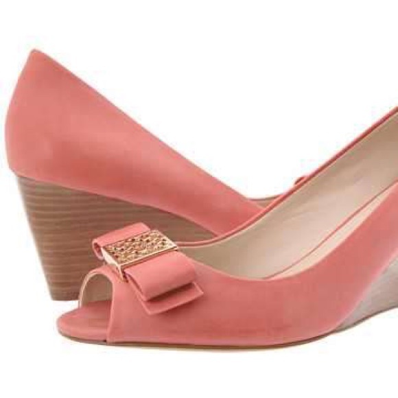 Coach Shoes - COACH Gretchen Salmon Peeptoe Leather Wedges